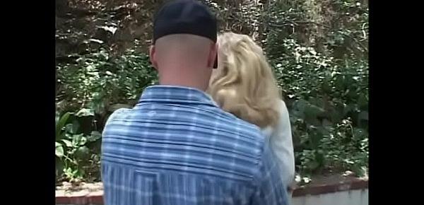  Blond MILF Samantha Taylor neatly shaved cunt is fucked on a lawn chair by a stud